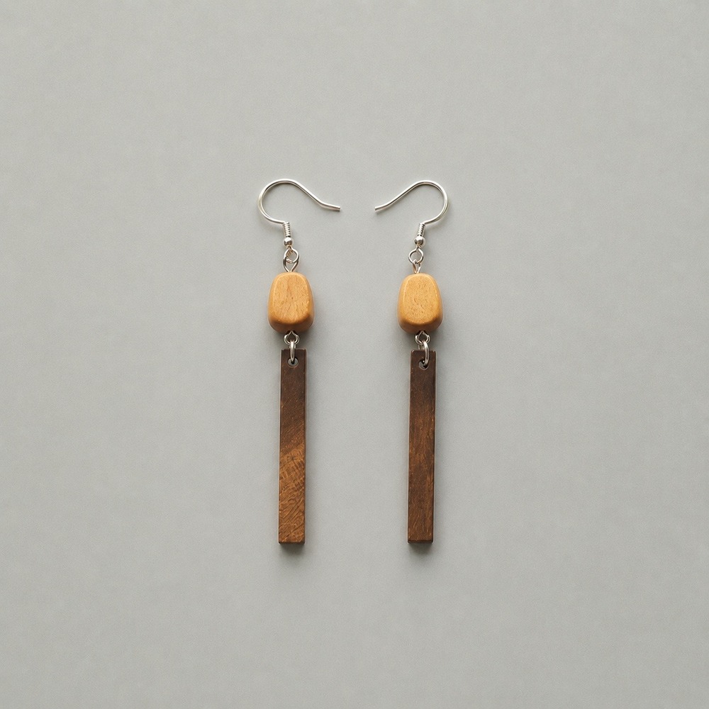 Handmade Geometric Wood Drop Earrings Brown Tan Two Tone Dangle Boho